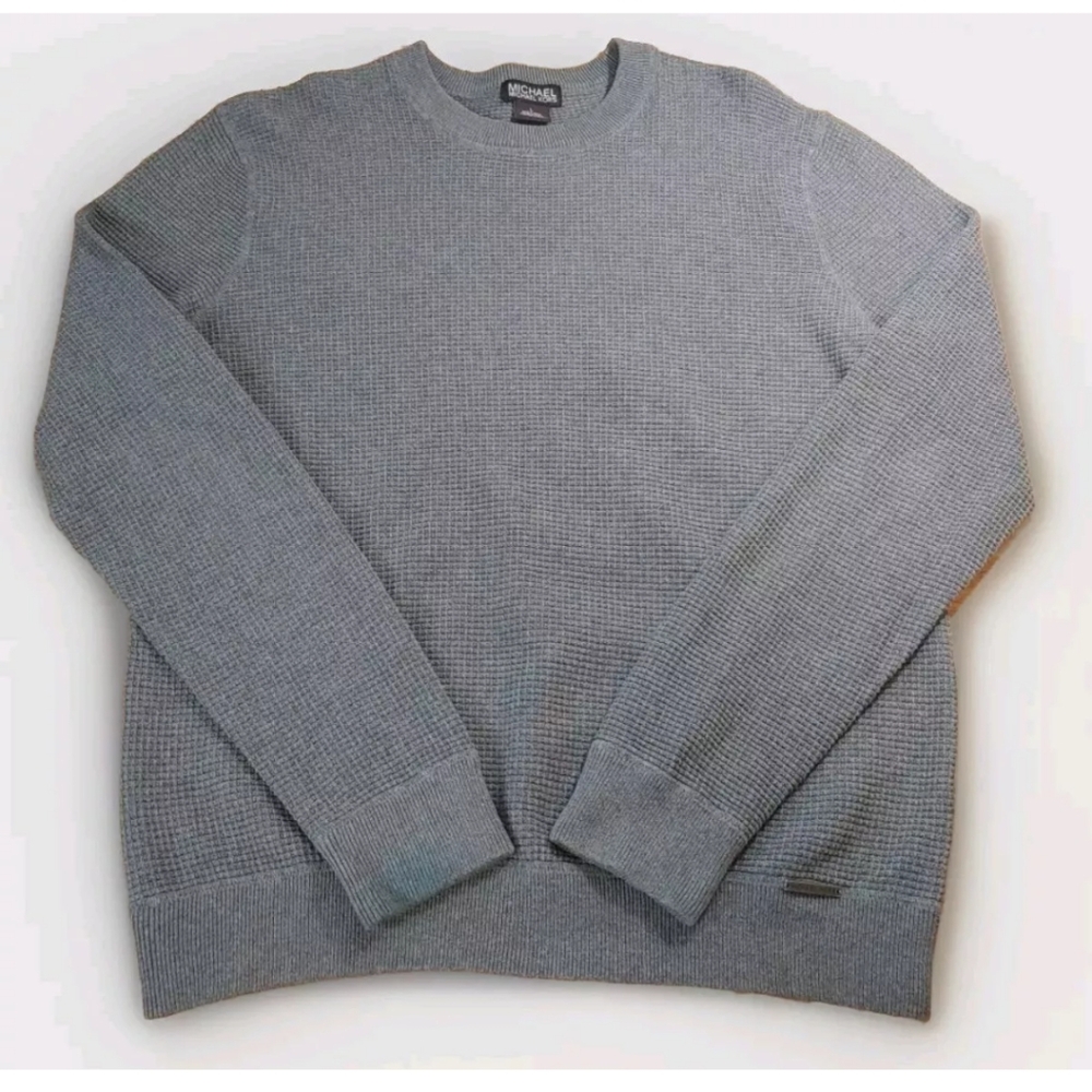Michael Kors Waffle Knit Thermal Top Men Large Gray Crewneck Preppy Ski Travel - Picture 4 of 8